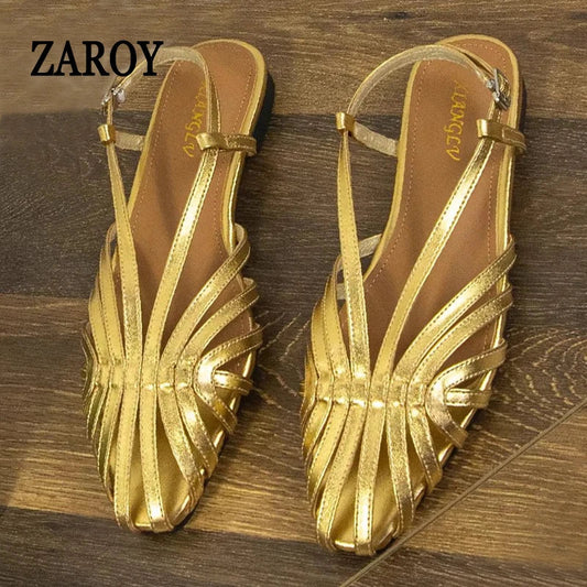 ZAROY Narrow Band Women Flat Sandals Large Size Designer Brand Banquet Wedding Shoes Summer Hollow Beach Gladiator Sandalias