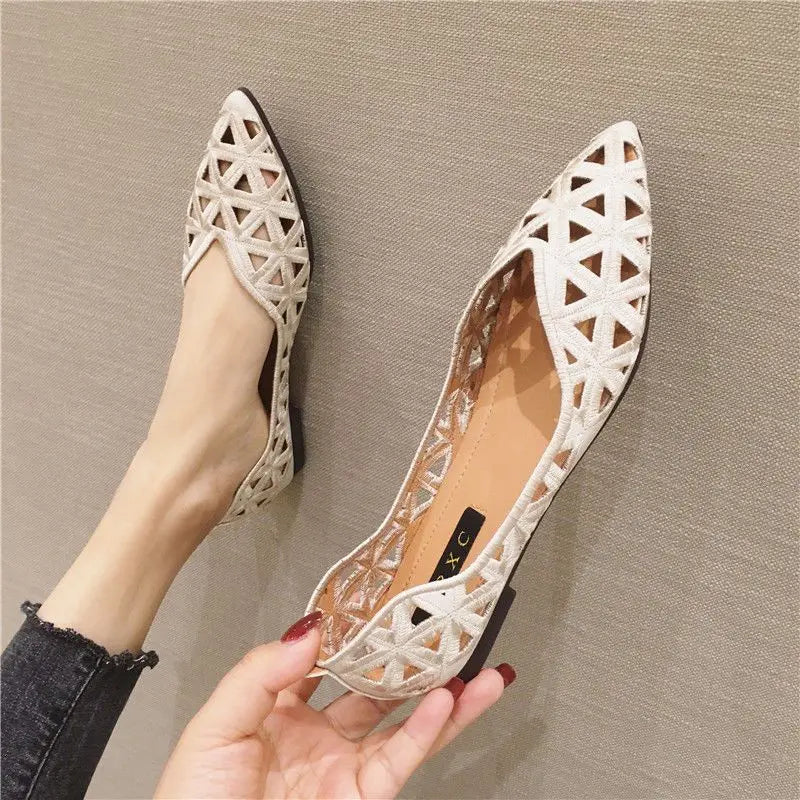 Flat Shoes Women 2026 Summer Pointy Joker Hollow Leisure Commuter Flat Spring Elegant Women's Shoes Breathable Hole Shoes