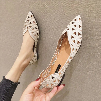 Flat Shoes Women 2026 Summer Pointy Joker Hollow Leisure Commuter Flat Spring Elegant Women's Shoes Breathable Hole Shoes