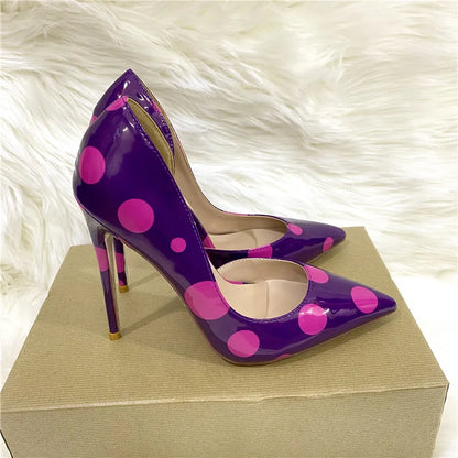 Veowalk Polka Dot Women Purple D'Orsay Side Cut Pointed Toe Stiletto Pumps Comfortable Elegant 8cm 10cm 12cm High Heel Shoes