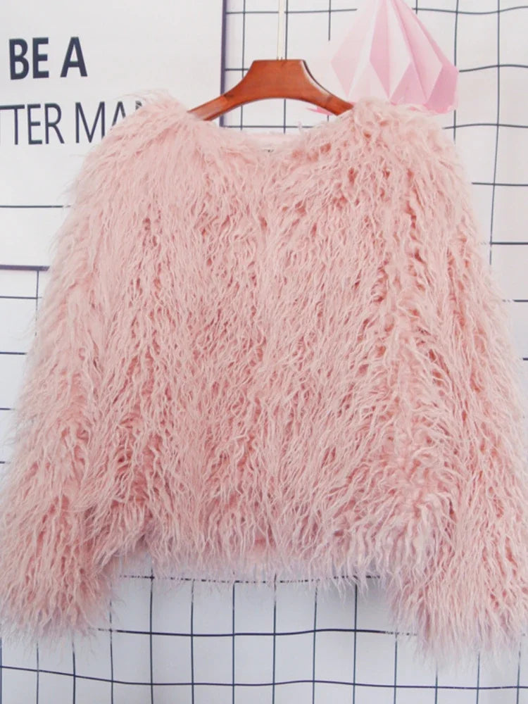 Colorful Warm Faux Women Fur Coat  Black White Pink Plush Coat Female Jacket Fur Autumn Winter Shaggy Outerwear High Street 2025