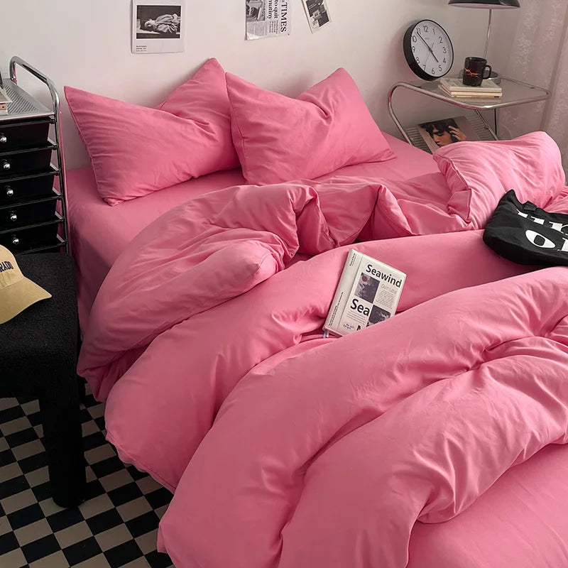 Washed Cotton Bed Linen Bedding Set 4 Pieces Bed Sheets Set Solid Color Comforter Cover Couple Queen King Size Bed Quilt Cover