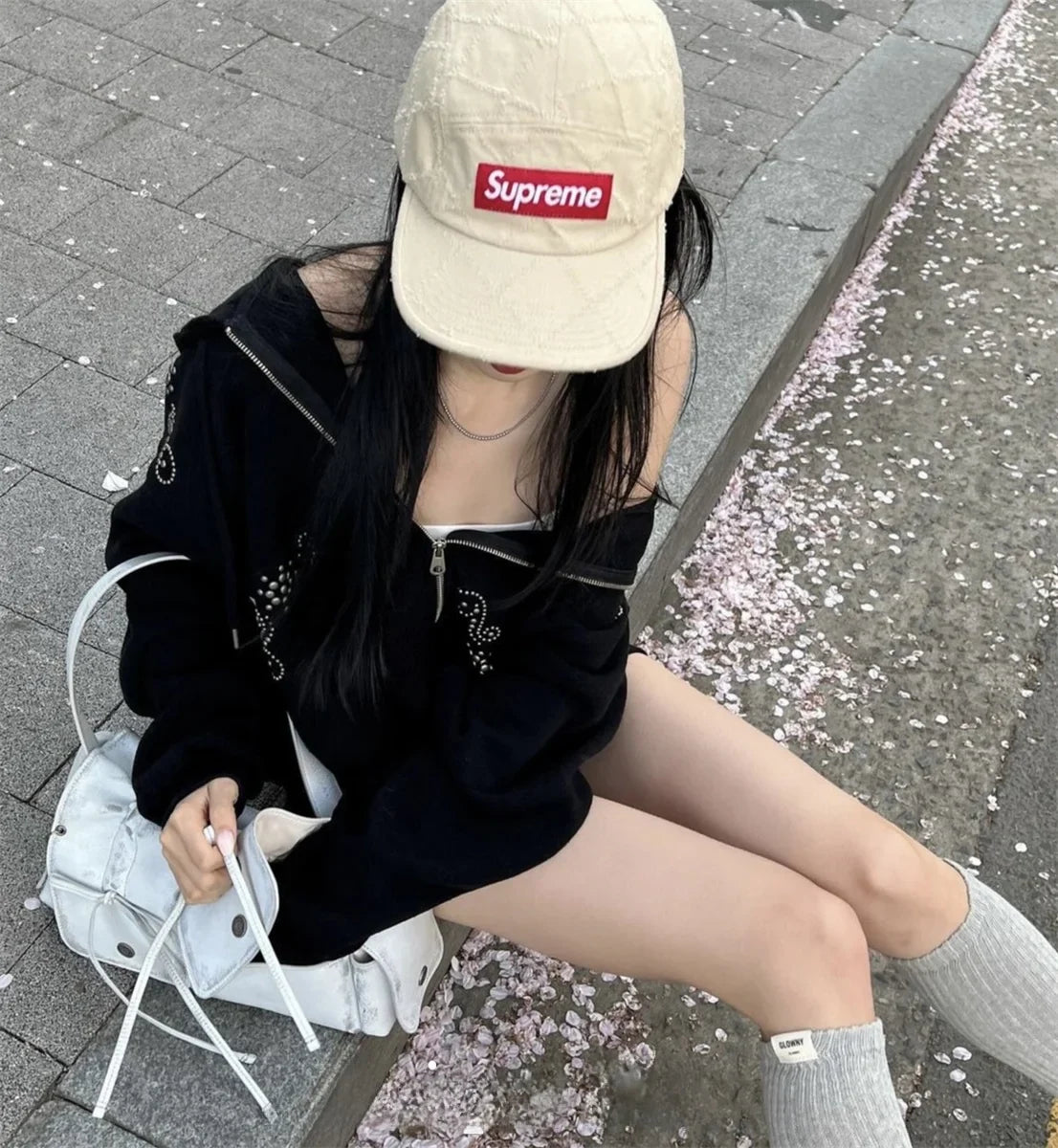 Street Sle Korean Version Simple Personali Rivet Zipper Casual Loose Matching Hoodie Jaet Unique SEI Women's Sweatirt