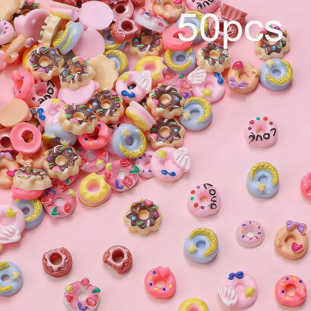 50Pcs 3D Mixed Donut Nail Charms Random Cartoon Flaback Doughnut Nails Art Decorations Kawaii Resin Dessert Manicure Accessories
