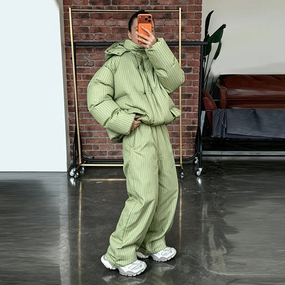 Women's Striped Puffer Jacket Two Piece Set Detachable Hood Cropped Puffer Coat Wide Leg Pants Outfit 2026 Winter Casual Coats