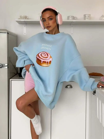 blue Cartoon pastries Russian letter print hip hop O Neck Oversize Sweatshirt Women Thin Spring 2025 Hoodies American Casual Top