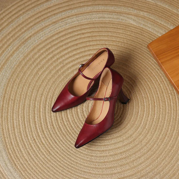 NEW Spring/Autumn Women Pumps Genuine Leather Shoes for Women Pointed Toe Thin Heel Shoes Shallow Buckle Strap Mary Janes Shoes