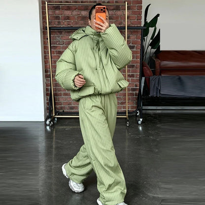 Women's Striped Puffer Jacket Two Piece Set Detachable Hood Cropped Puffer Coat Wide Leg Pants Outfit 2026 Winter Casual Coats