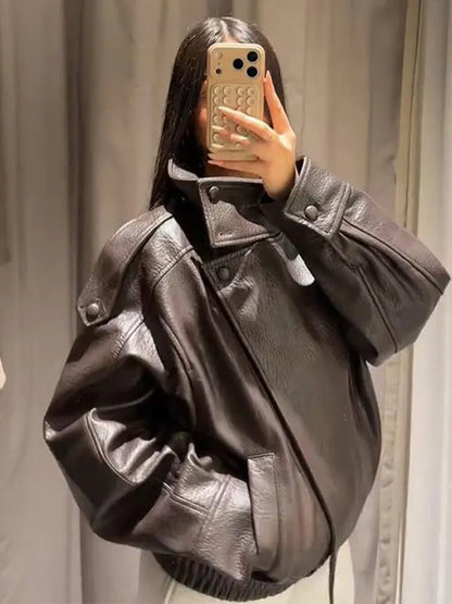 2026 Autumn Women's Faux Leather Jacket Brown Black Long Sleeve Stand Collar Thick Loose Lady Coat Fashion Motorcycle Streetwear