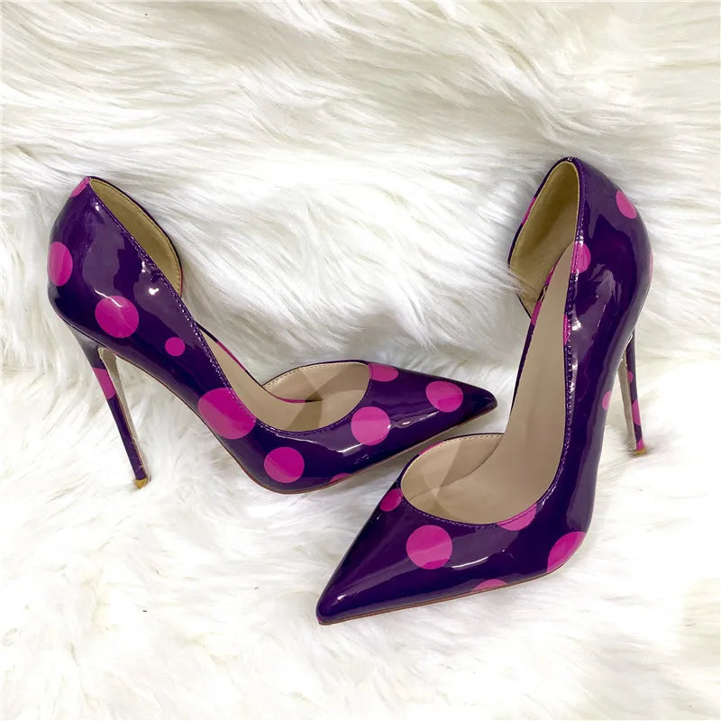 Veowalk Polka Dot Women Purple D'Orsay Side Cut Pointed Toe Stiletto Pumps Comfortable Elegant 8cm 10cm 12cm High Heel Shoes
