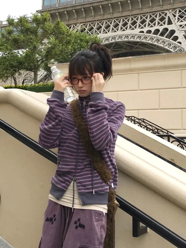 Tonngirls Y2k Japanese Sweatshirts Women Long Sleeve Striped Stand Collar Sweatshirt High Street Graphic Winter Coats E-girls