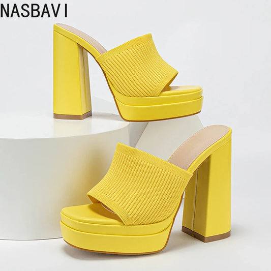 NASBAVI Cosy Stretch Fabric Knitted Chunky High Heels Women Slipper Fashion Platform Open Toe Wedding Party Ladies Shoes