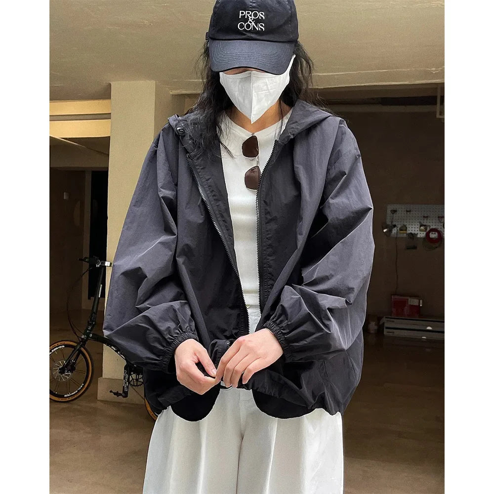 HanOrange 2026 Summer Light Transparent Hooded Zipper Sunscreen Jacket Women Loose Silhouette Thin Long Sleeve Jacket Female'
