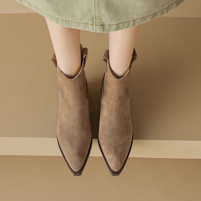 2025 Autumn Winter Trend Cow Suede Women Western Boots Black Brown Khaki Purple Green Burgundy Pointed Toe Ladies Ankle Boots