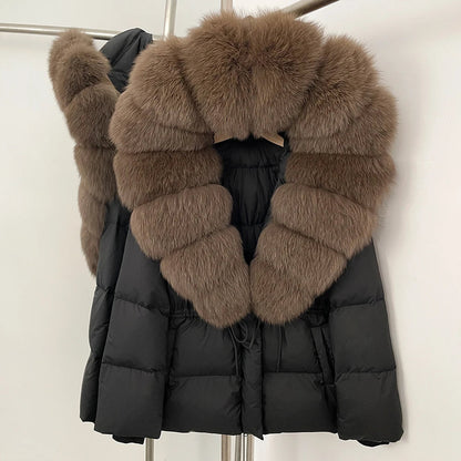 Reality Fur Jacket Real Fur Collar Duck Down Coat Female Winter Hooded Warm Fox Fur Coat Women Natural Raccoon Fur Puffer Jacket