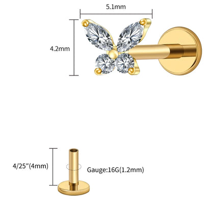 Right Grand ASTM F136 Titanium 16G Mini Butterfly CZ Labret Tragus Cartilage Conch Forward Helix Stud Nose Piercing Body Jewelry