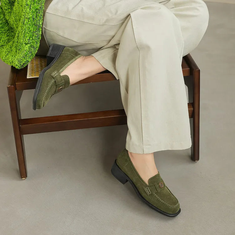 New Spring/Autumn Cow Suede Women Shoes Fashion Retro Square Toe Shoes for Women Mid Heels Women Pumps Handmade Green Loafers
