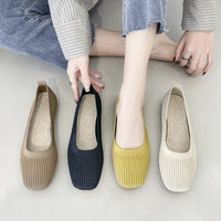 Women Leisure Flats Summer Autumn Flat Shoes Breathable Knitted Square Toe Slip-on Female Daily Walking Driving Loafers