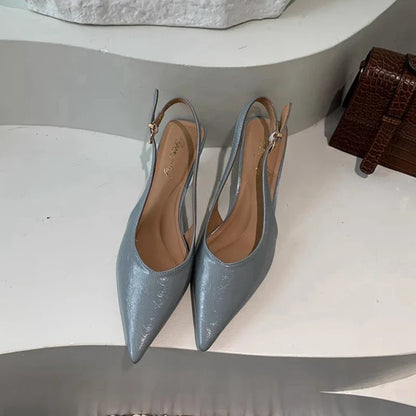 SUOJIALUN Summer New Women Sandal Fashion Pointed Toe Shallow Slip On Ladies Elegant Slingback Shoes Thin Med Heel Dress Mules