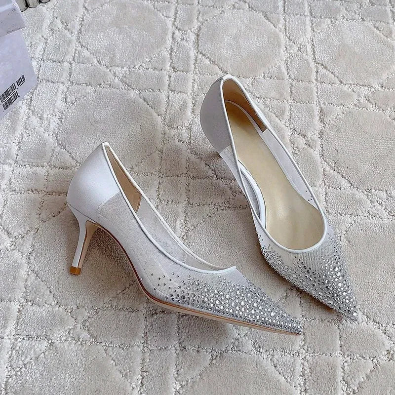 Women's high heels and single shoes for spring and summer  new mesh diamond fashion banquet pointed women's shallow mouth shoes