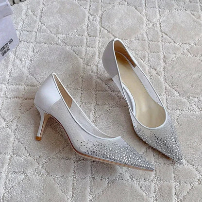 Women's high heels and single shoes for spring and summer  new mesh diamond fashion banquet pointed women's shallow mouth shoes