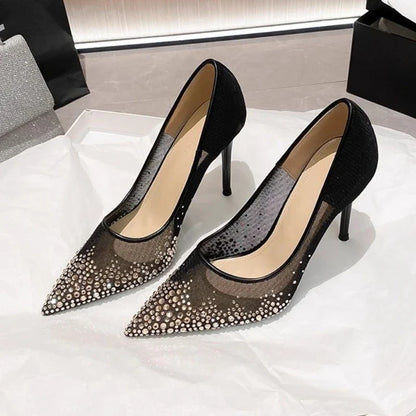 Women's high heels and single shoes for spring and summer  new mesh diamond fashion banquet pointed women's shallow mouth shoes