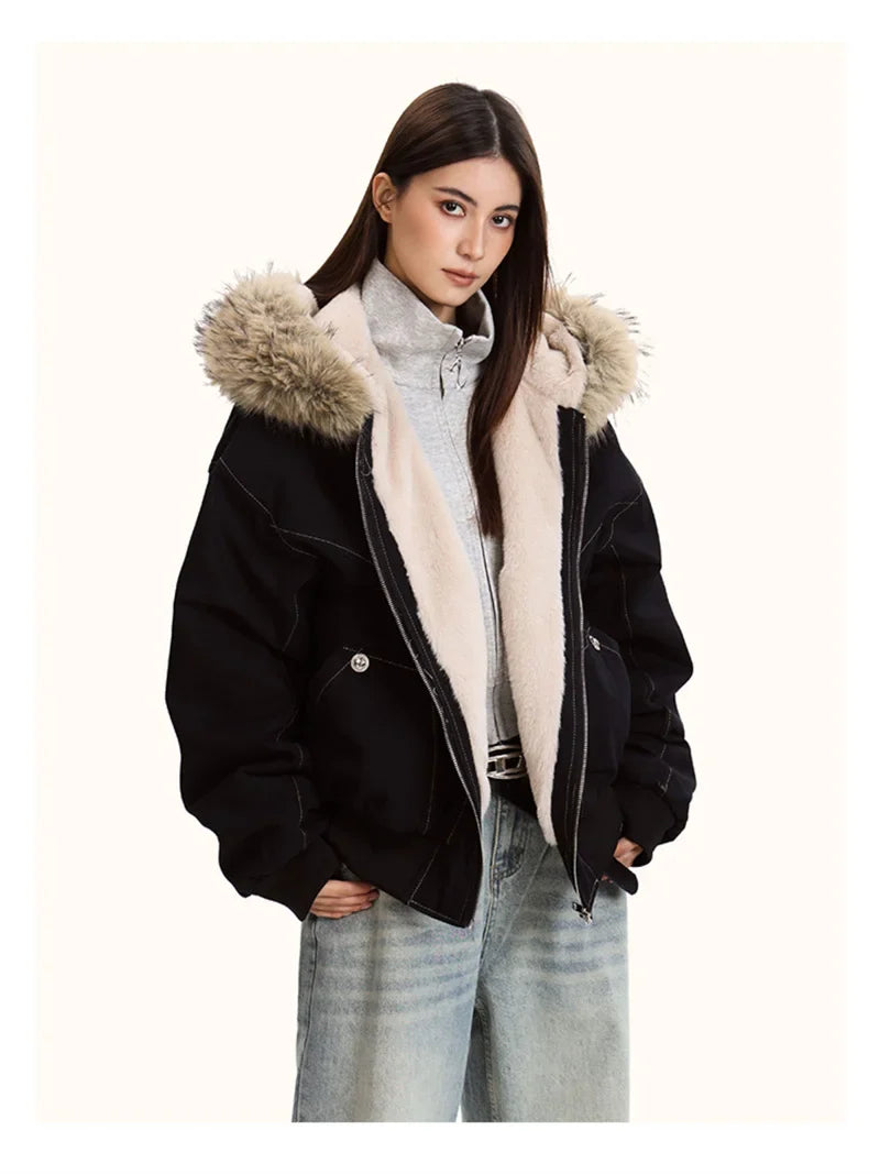 ZAROY Fur Collar Hooded Parkas Y2k Harajuku Thicken Padded Jackets Casual Zipper Gothic Women&Men Winter Coats Streetwear кур