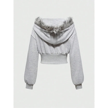 Winter Warm Gothic Print Hoodie Women's Clothin Faux Fur Crop Top Zip-Up Sweatshirt Fashion Y2K Streetwear Hooded Jacket 2026New
