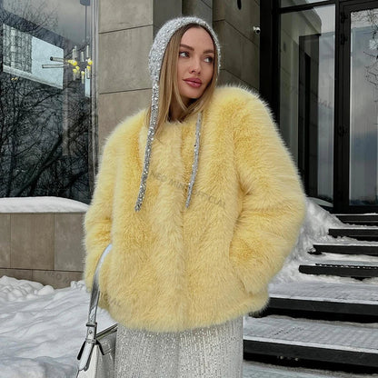 Neo Mint Cool Street Girls Winter Fashion Fluffy Fox Fur Jacket Women Casual Round Neck Faux Fur Coat Chic Thick Warm Outerwear