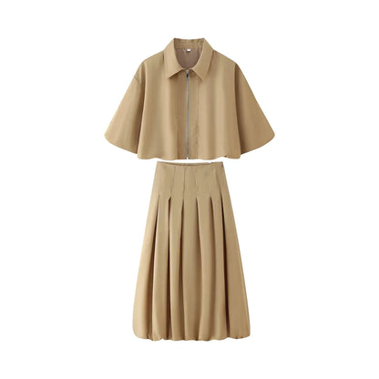 Women's Autumn New Short Zipper Jacket Short Sleeved Top High Waisted Pleated Lantern Flower Bud Half Skirt Set