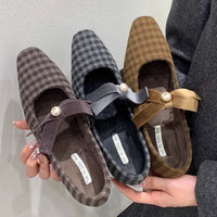 Elegant Chunky Heel Mary Jane Shoe for Women Bowknot Pearls Decoration Plaid Print Design Autumn Pumps Fashion Party Dress Heels