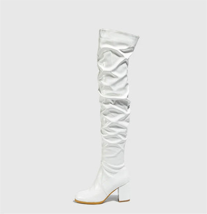 Hlieny 2026 Winter New Thigh High Boots Fashion Patent Leather Round Toe Zip Female Square Heels Pleated Design Women's Shoes