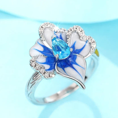 Huitan Gorgeous Creative Rings with Blue Flower Designed Elegant Temperament Party Jewelry for Women Delicate Finger Accessories