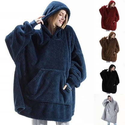 Winter Warm Unisex Double-faced Fleece Hooded Sweatshirts Casual Loose Long Thicken Pocket Pullover Batwing-sleeved Home Clothes