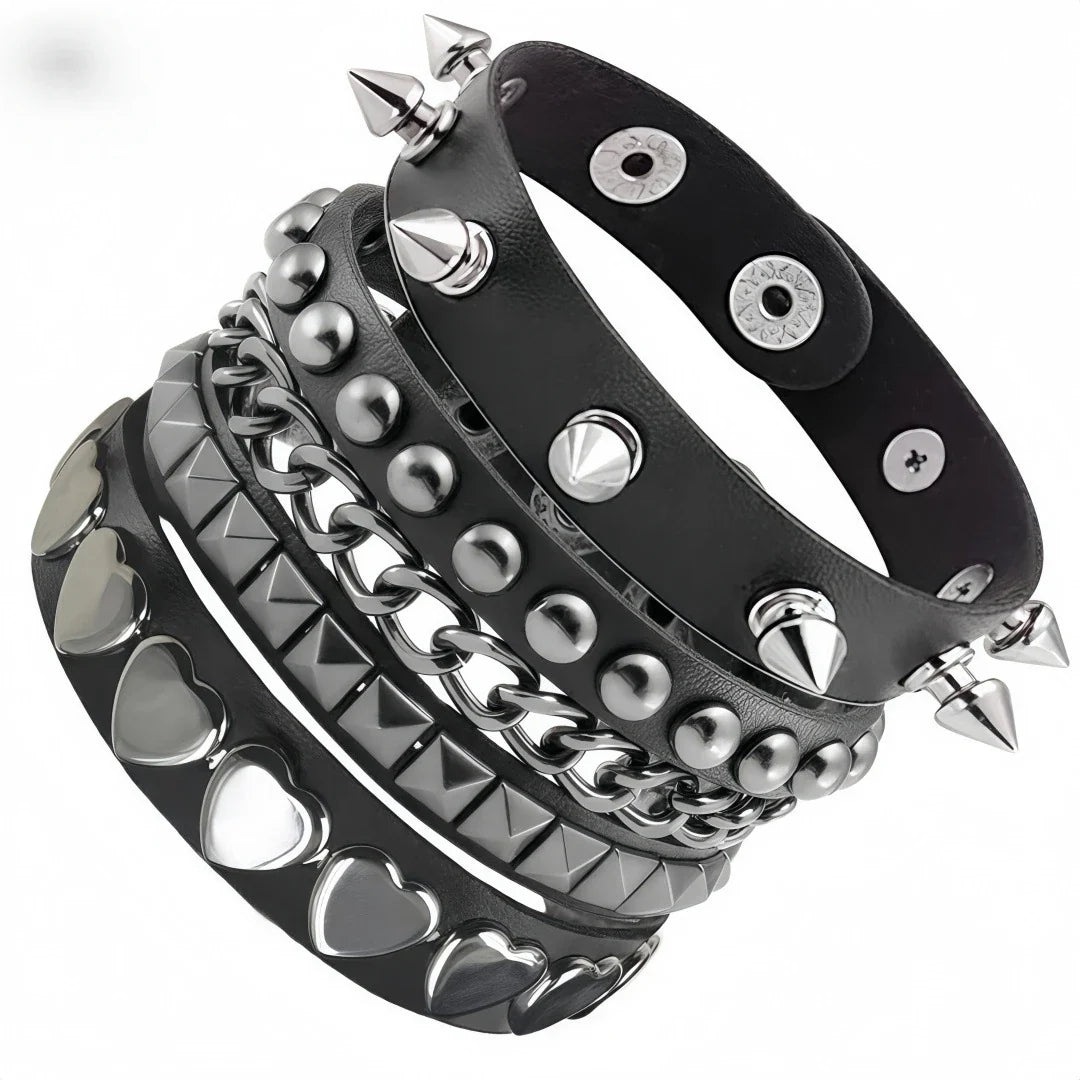 3Pcs/Set Vintage Emo Bracelets 3 Row Cuspidal Spikes Rivet Stud Wide Cuff PU Leather Punk Black Gothic Rock Unisex Accessories