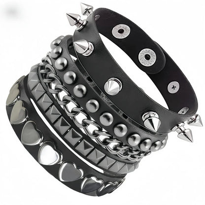 3Pcs/Set Vintage Emo Bracelets 3 Row Cuspidal Spikes Rivet Stud Wide Cuff PU Leather Punk Black Gothic Rock Unisex Accessories