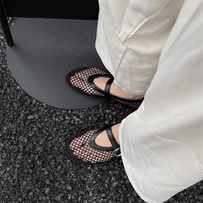 Women's Mary Jane Flats 2026 New Hollow Out Mesh Breathable Fishnet Ankle Strap Casual Summer Sandals