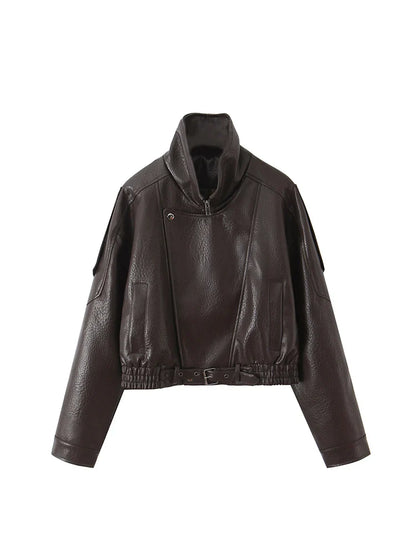 Ailegogo New Women Vintage Loose Black Short Faux Leather Jacket Streetwear Female Zipper Belt Coat Outwear