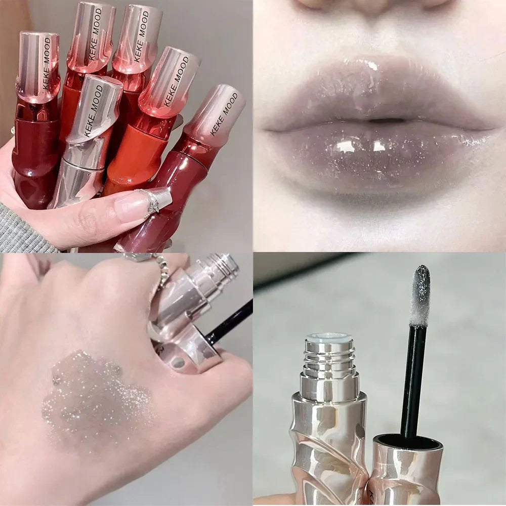Crystal Nude Gray Glossy Lip Stain Mirror Korean Lip Glaze Sheer Nude Glitter Lip Tint Watery Shine Plumping Lipgloss Cosmetics