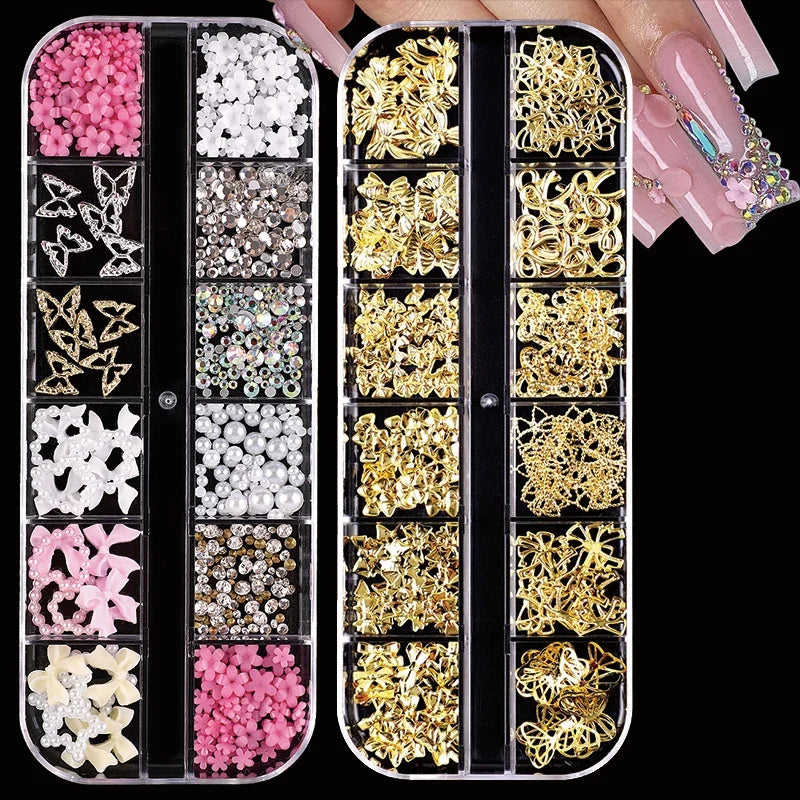 24-Piece 3D Y2K Millennial Nail Art Decoration Set, Assorted Rhinestones, Pearls, Butterfly, Heart & Flower DIY Nail Charms