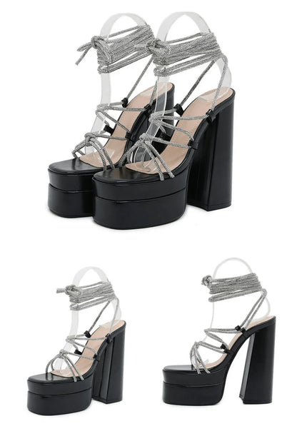 MM2025 New Arrival Rhinestone Embellished Knot T-Strap Heels Roman Peep-toe Summer Sandals Shiny Perfomance Anniversary Footwear