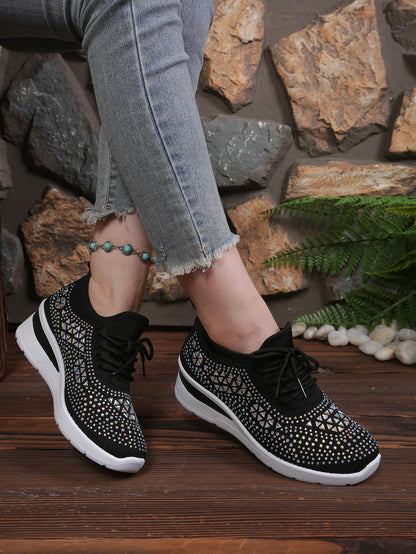 Women's Rhinestone Embellished Knit Mesh Wedge Sneakers, Adjustable Lace-Up Closure, Daily Walking Casual Footwear