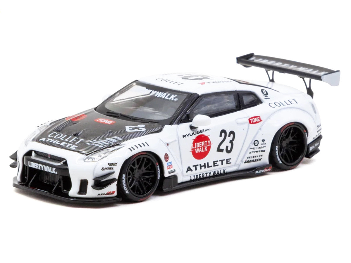 Nissan GT-R R35 LB-Works Type 2 RHD (Right Hand Drive) #23 "Liberty Walk" White with Carbon Hood and Metal Oil Can Packaging "Hobby64" Series 1/64 Diecast Model Car by Tarmac Works
