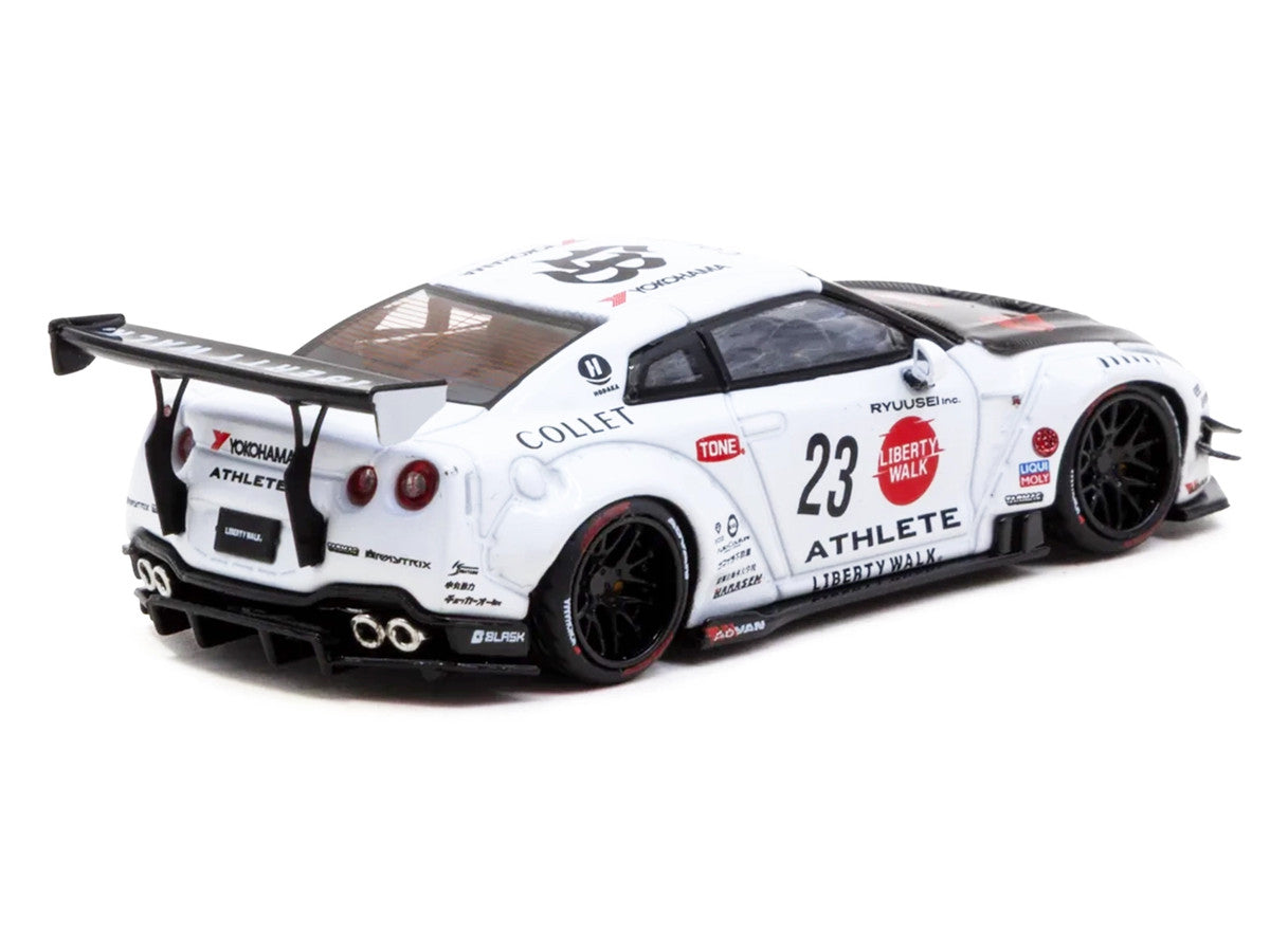 Nissan GT-R R35 LB-Works Type 2 RHD (Right Hand Drive) #23 "Liberty Walk" White with Carbon Hood and Metal Oil Can Packaging "Hobby64" Series 1/64 Diecast Model Car by Tarmac Works