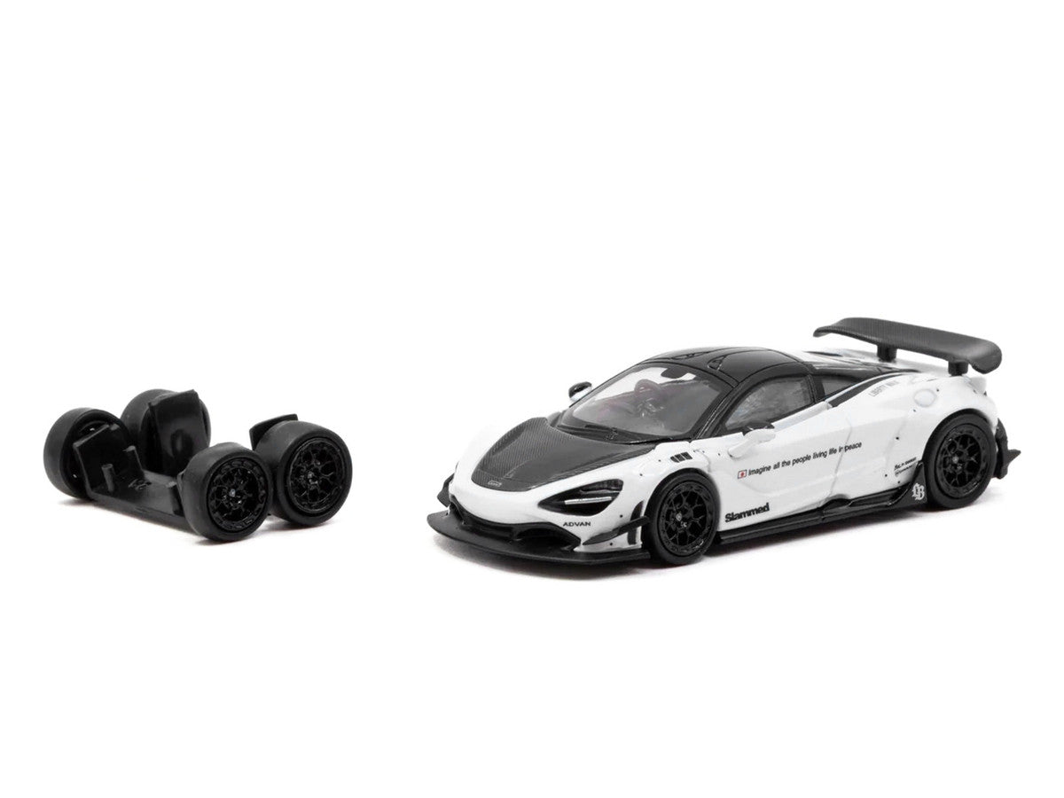 LB-Works 720S White with Carbon Hood and Black Top with Extra Wheels "Hobby64" Series 1/64 Diecast Model Car by Tarmac Works