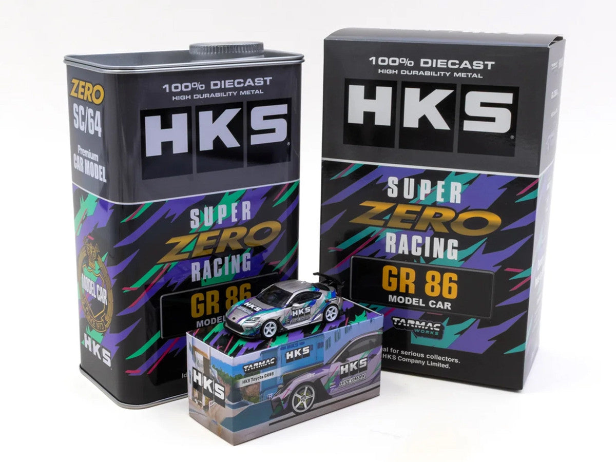 Toyota GR86 RHD (Right Hand Drive) "HKS" Gray Metallic with Graphics and Metal Oil Can Packaging "Global64" Series 1/64 Diecast Model Car by Tarmac Works