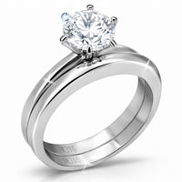 TK097 - High polished (no plating) Stainless Steel Ring with AAA Grade CZ  in Clear
