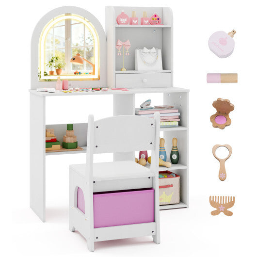 Kids Vanity Set Princess Girls Makeup Vanity Desk with Chair and 3-Color LED Lighted Mirror-Pink