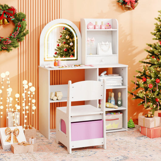 Kids Vanity Set Princess Girls Makeup Vanity Desk with Chair and 3-Color LED Lighted Mirror-Pink