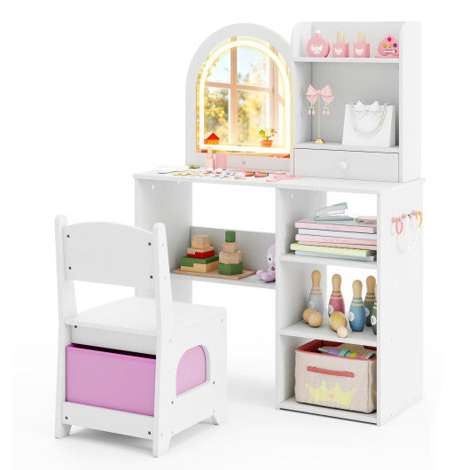 Kids Vanity Set Princess Girls Makeup Vanity Desk with Chair and 3-Color LED Lighted Mirror-Pink